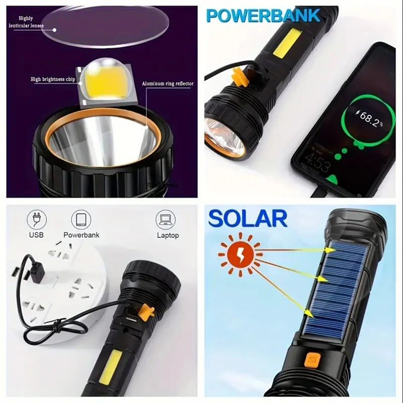 High Power LED Flashlight Solar And USB Rechargeable Powerful Tactical Torch Super Long Range Lamp Outdoor Camping